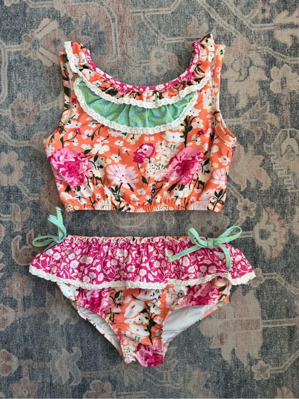 SweetHoney Girls 8Y Floral Two-Piece Swim Set - Coral & Pink